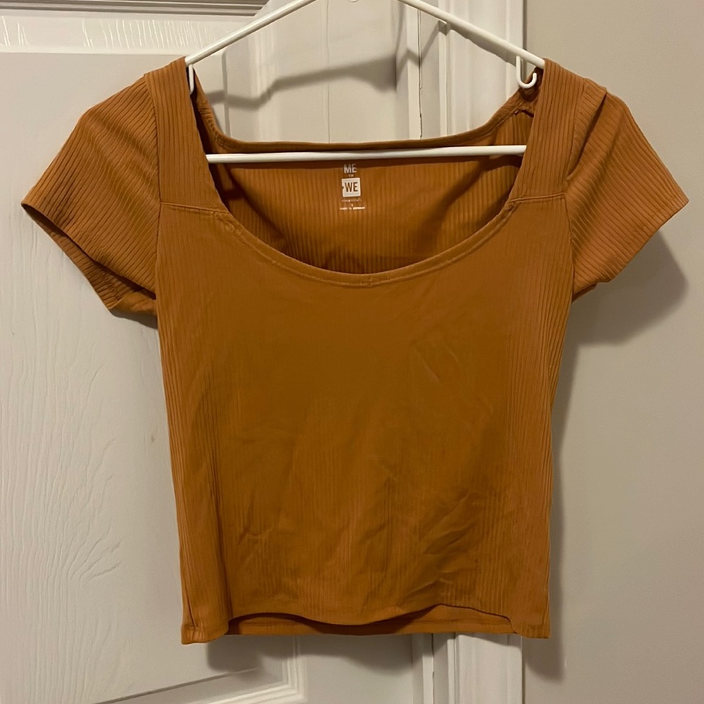 Me to We. Fall orange brown shirt.